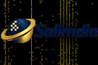 Salimdia logo featuring a blue and gold pixelated planet with a gold orbital ring on black background